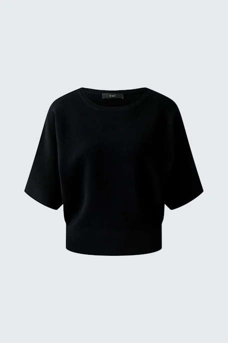 Schlichter Damen-Pullover: Schwarzer Pullover mit kurzen Ärmeln, ideal für lässige Outfits.