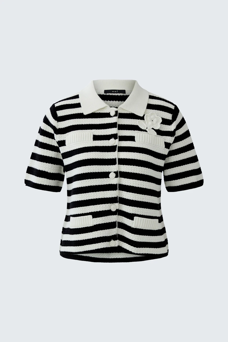 Striped knit cardigan with short sleeves and button front, featuring a white collar and pocket details.