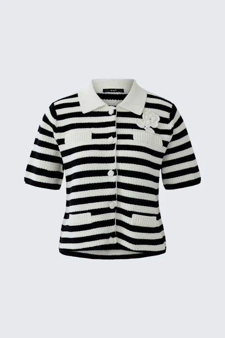 Striped knit cardigan with short sleeves and button front, featuring a white collar and pocket details.