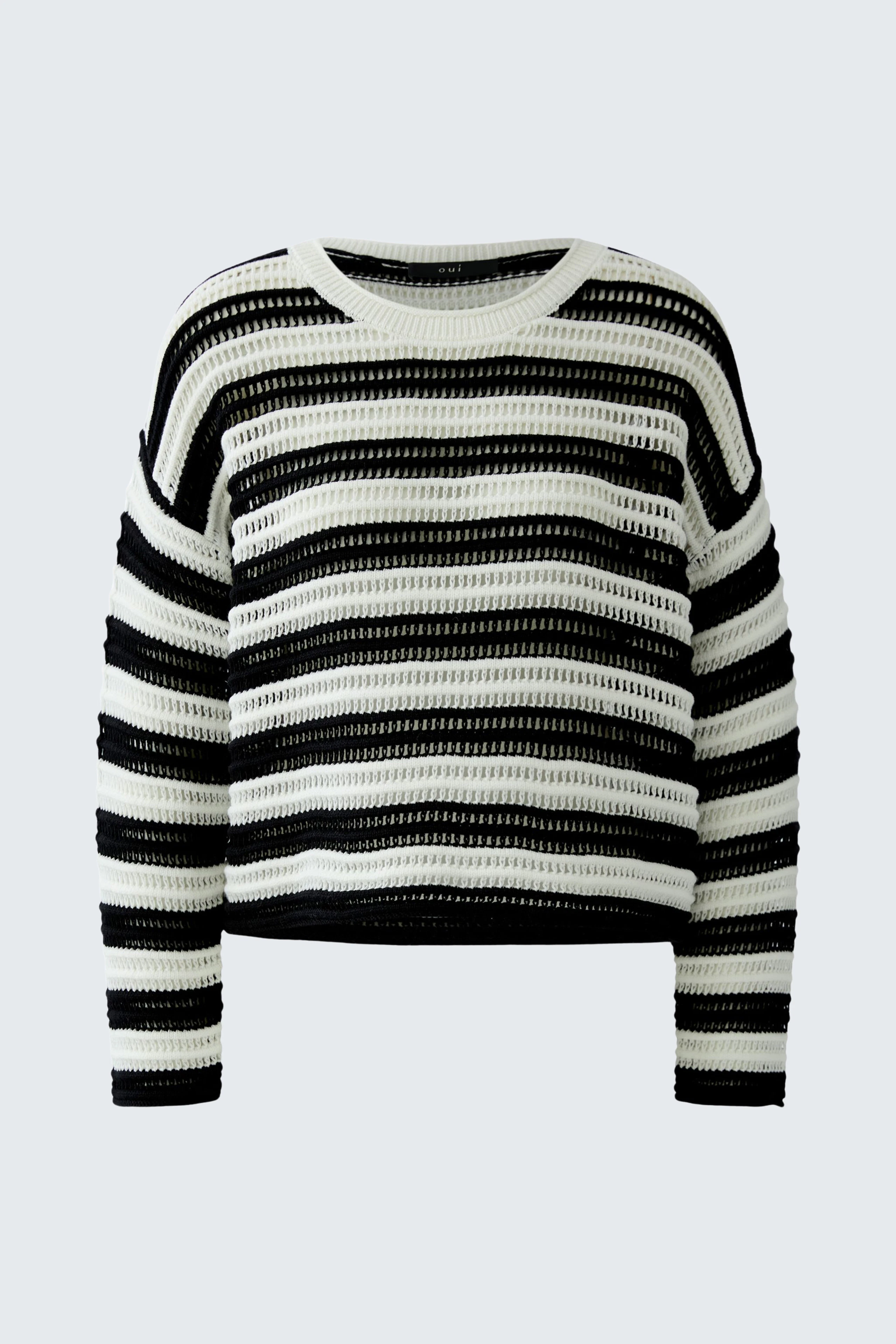 Casual pullover: Black and white striped knit pullover with a relaxed fit, perfect for everyday wear.
