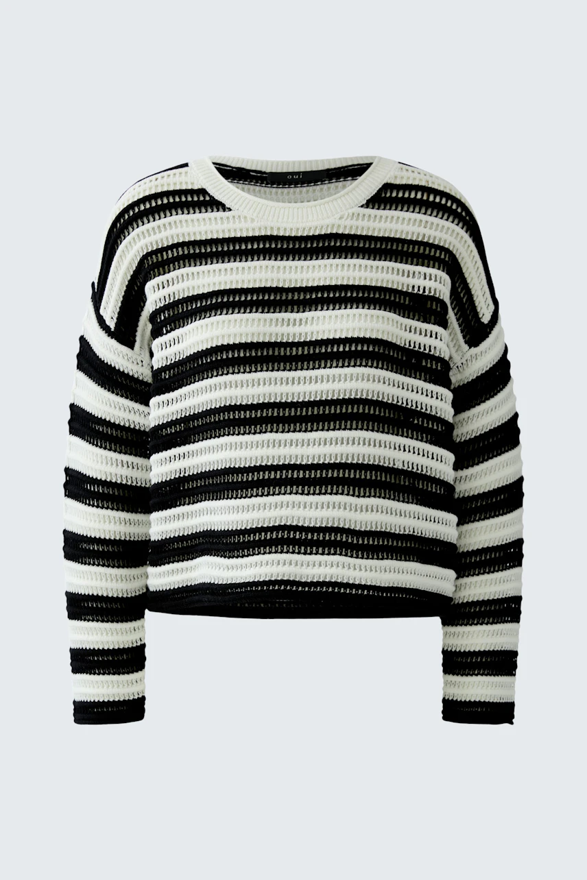 Casual pullover: Black and white striped knit pullover with a relaxed fit, perfect for everyday wear.