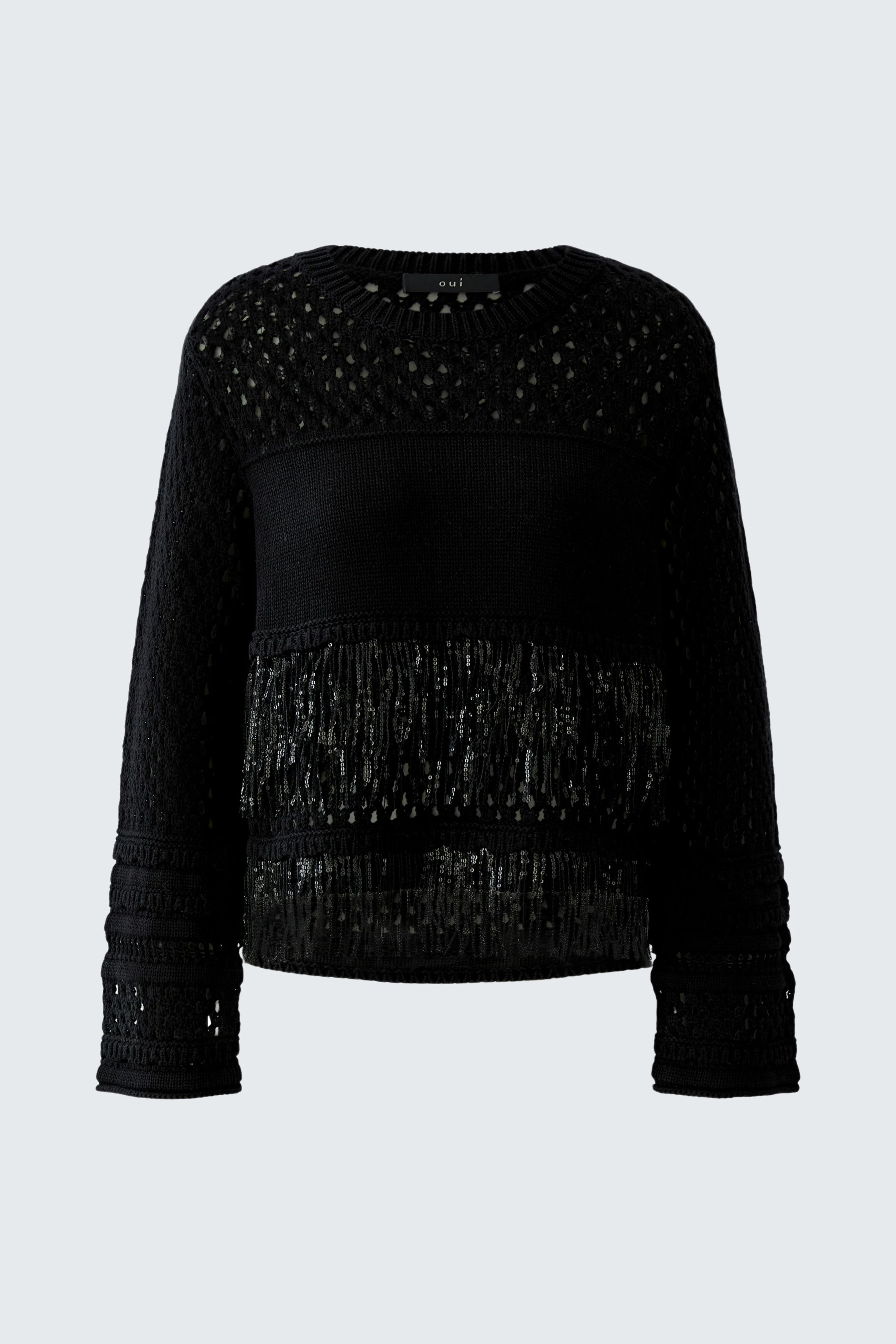 Schwarzer Damen-Pullover: Strickdesign mit transparenten Details und Fransen für einen modernen Look.