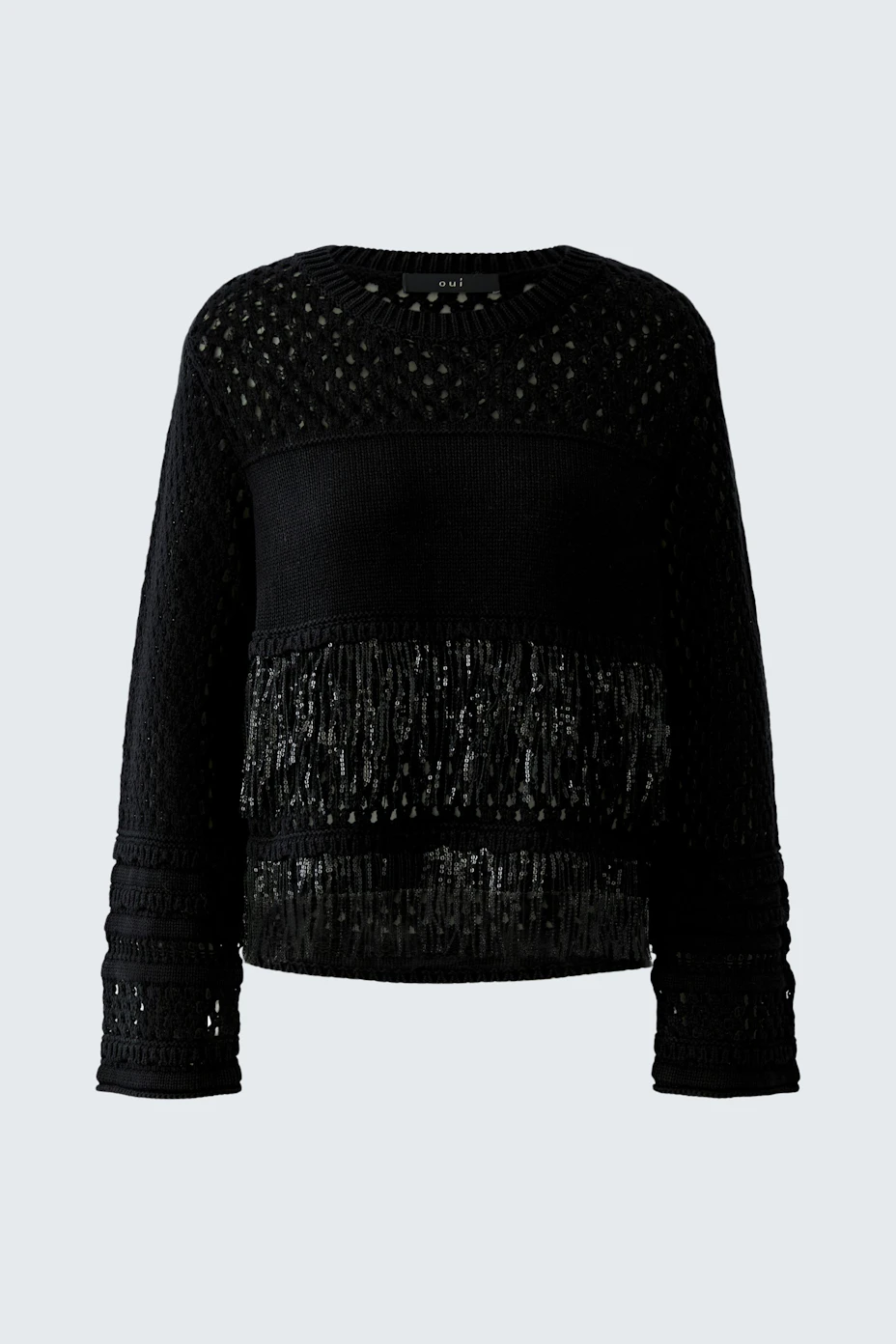 Black pullover with textured knit and fringe details, perfect for a stylish, casual look.