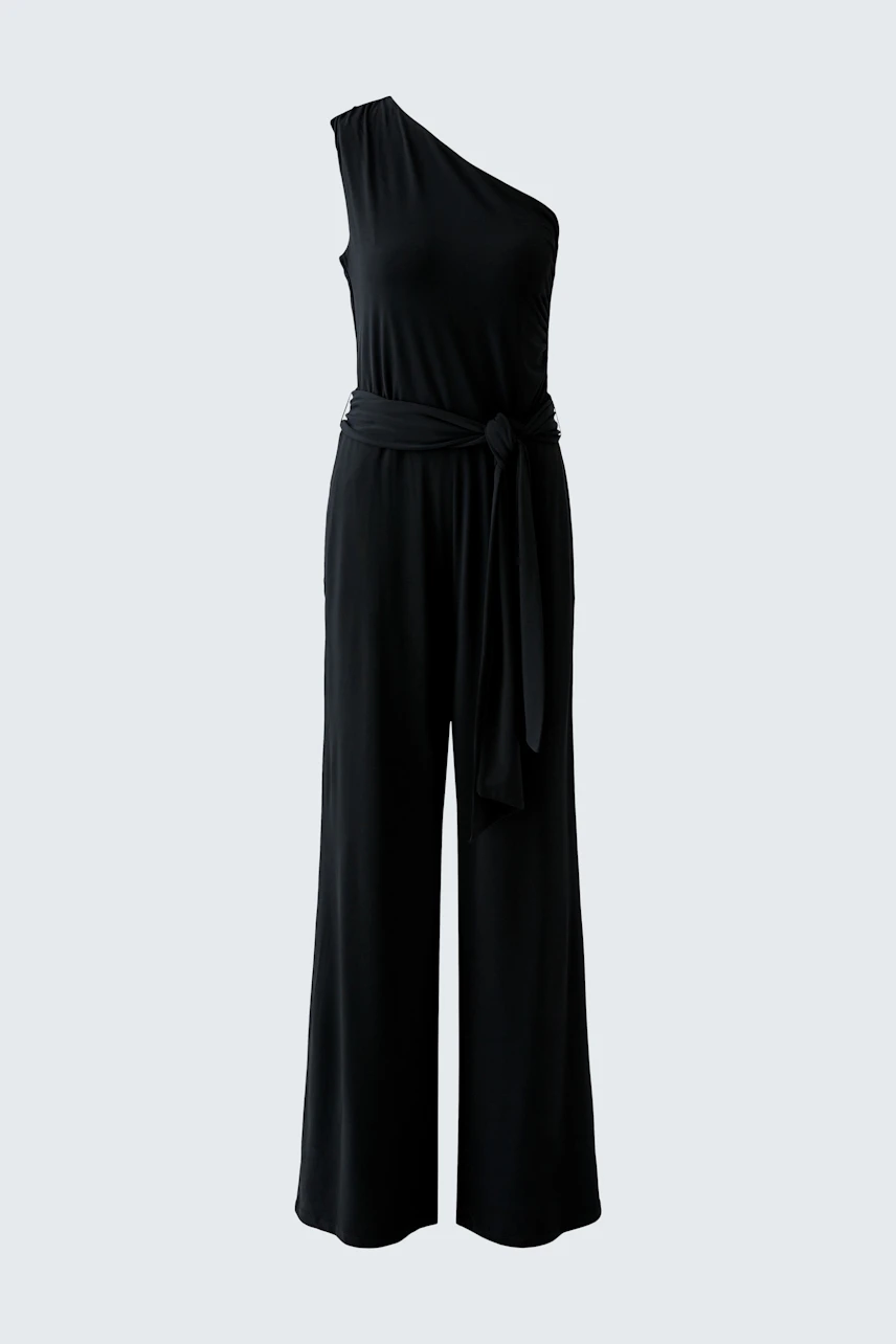 Schwarzer Jumpsuit: Ärmelloses Design mit asymmetrischem Ausschnitt und Bindegürtel, ohne Model abgebildet.