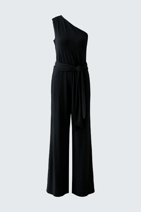 Black one-shoulder jumpsuit with waist tie, displayed on hanger. Simple and stylish design.
