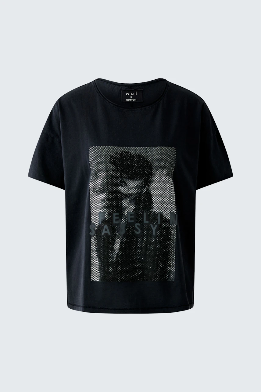 Schwarzes Damen-T-Shirt mit Grafikdruck: Lässiger Look für jeden Tag.