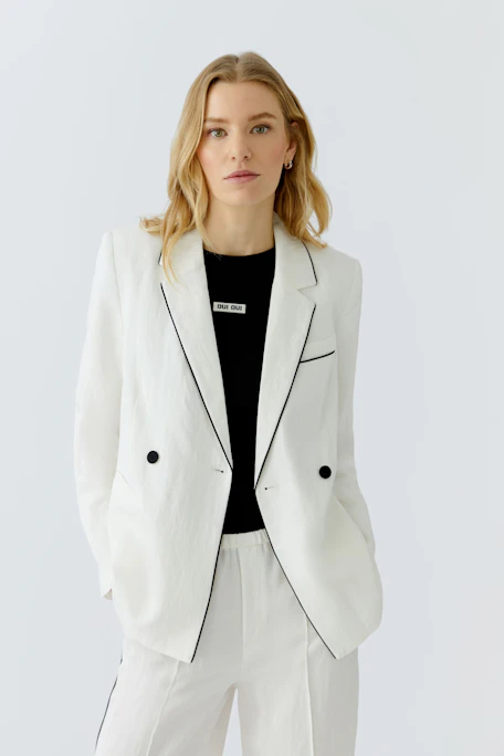White blazer with black piping, double-breasted design. No model, just the garment.