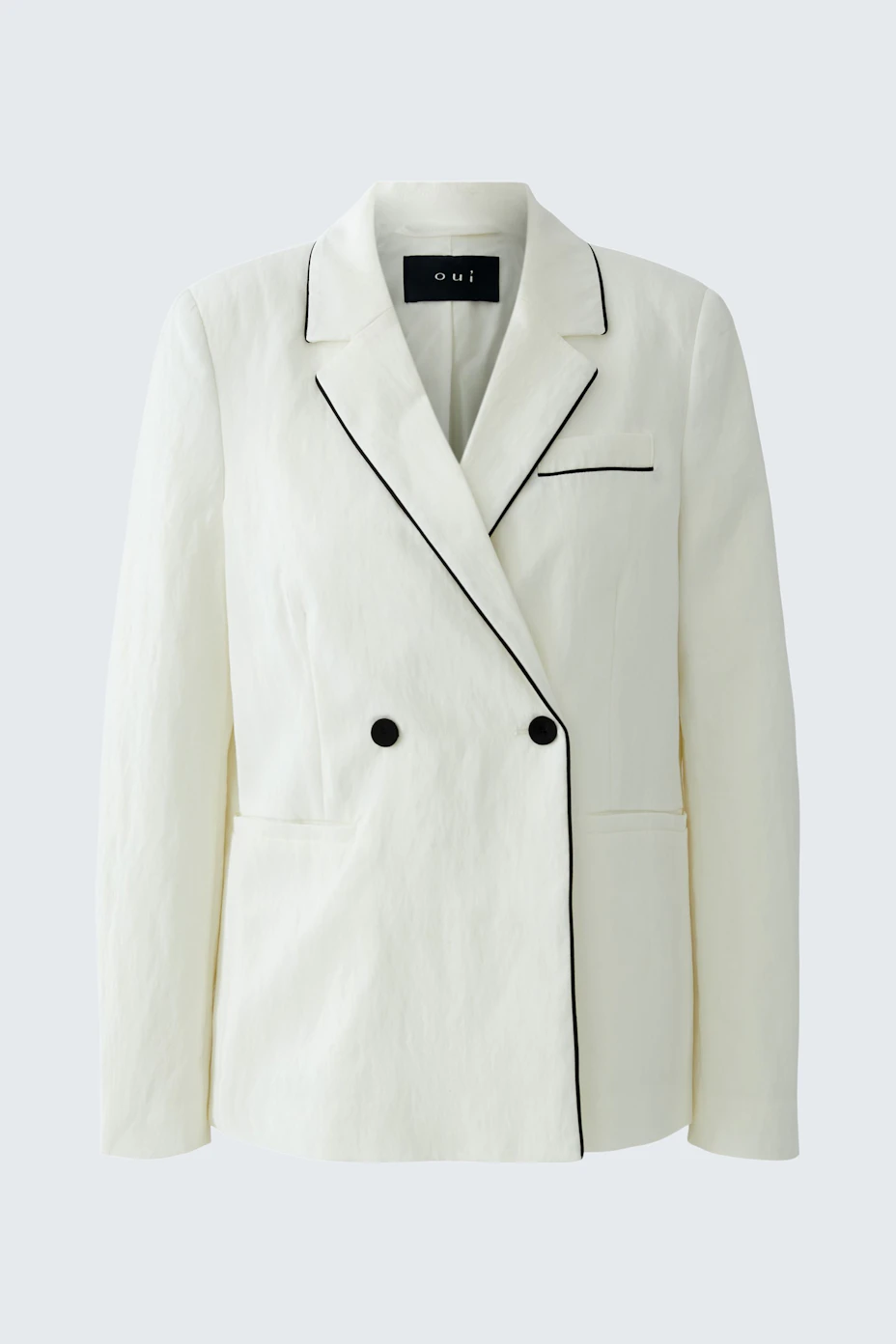 Weißer Blazer mit schwarzen Details, klassischer Schnitt, ideal für vielseitige Kombinationen.