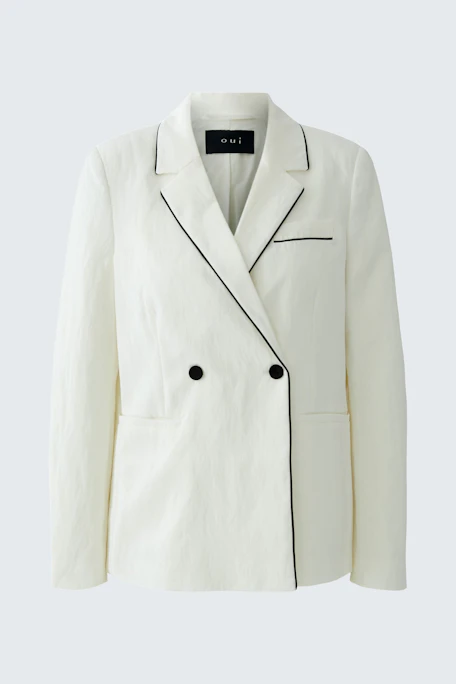 White blazer with black piping, double-breasted design. No model, just the garment.