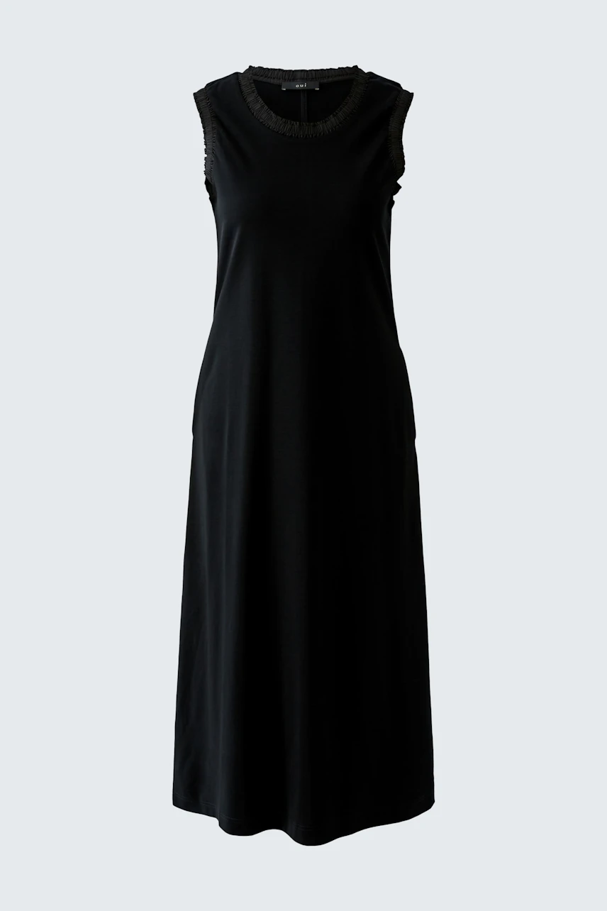 Black sleeveless midi dress with a round neckline, displayed on a hanger.