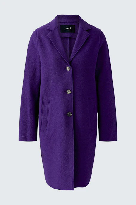 Purple wool coat: Simple, long design with buttons, perfect for layering in cooler weather.