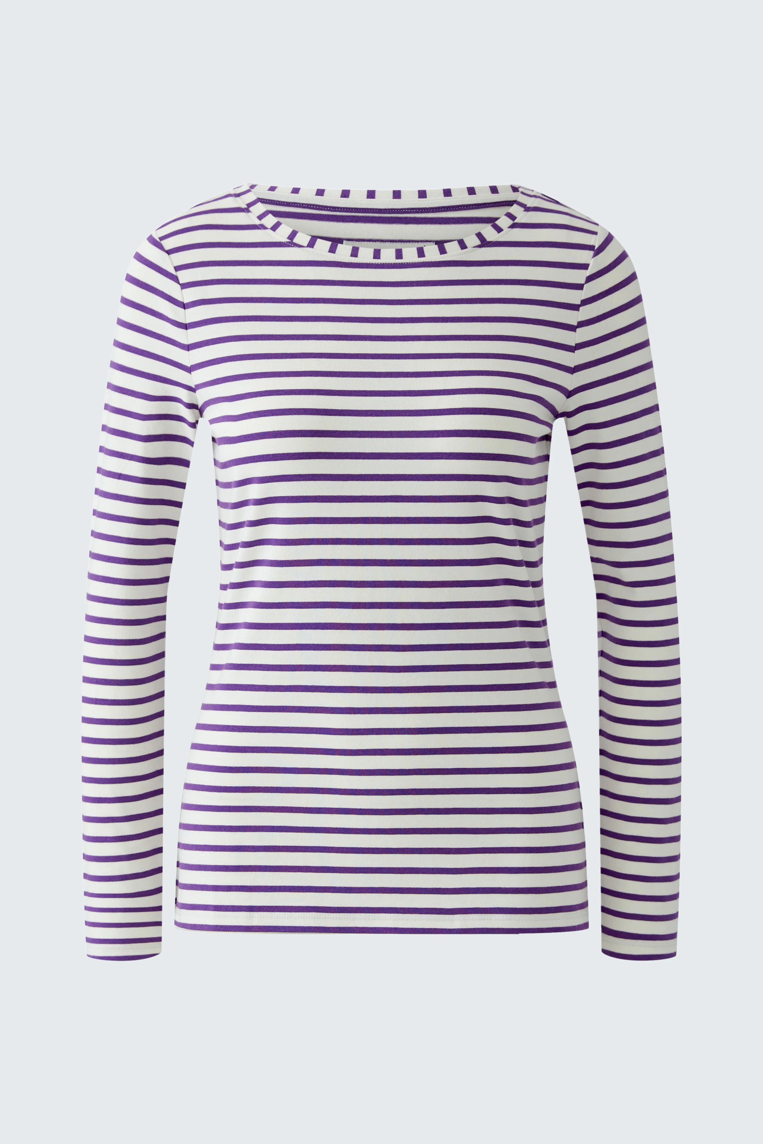 Striped long-sleeve shirt: White and purple stripes, casual fit, perfect for everyday wear.