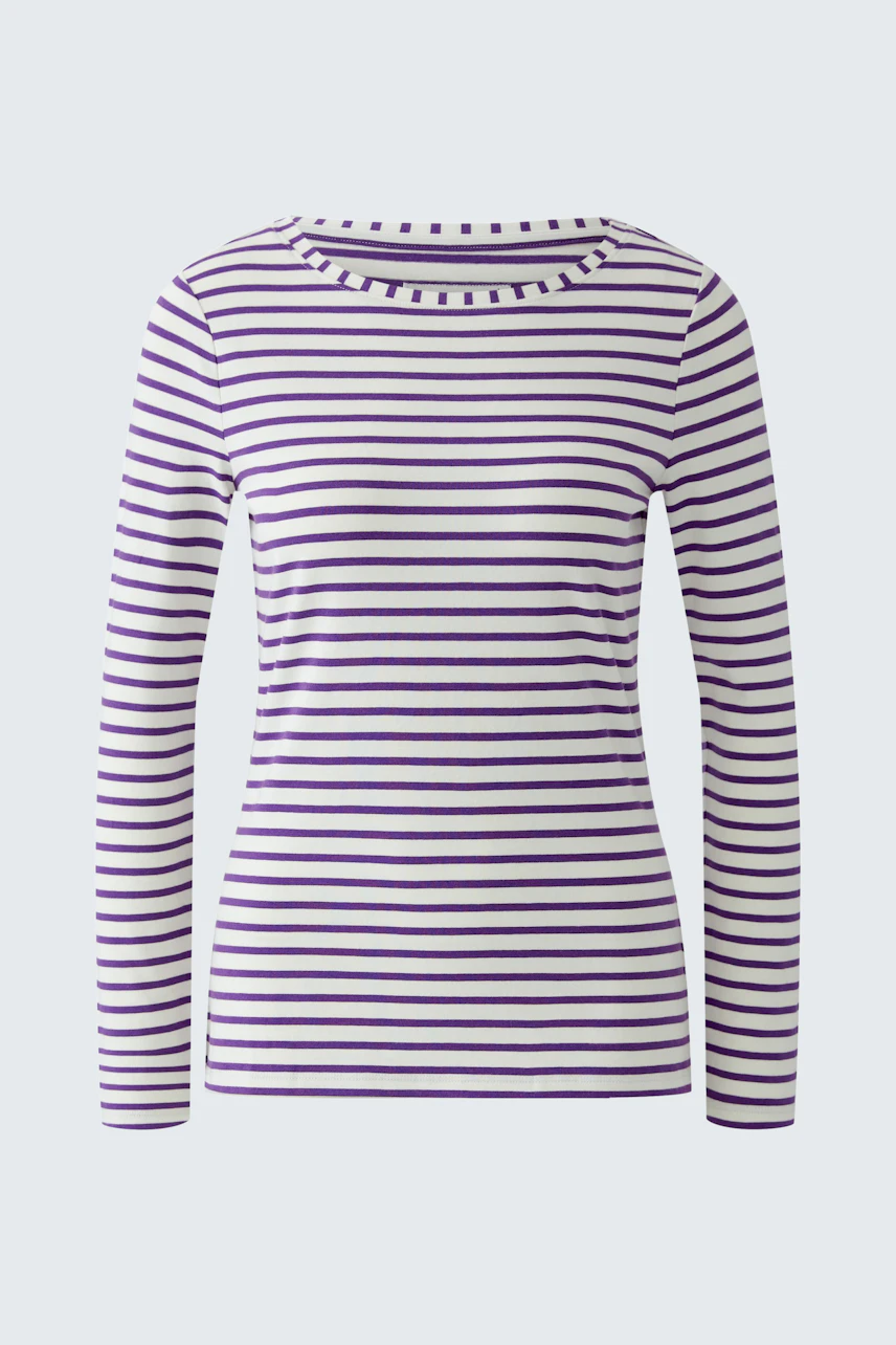 Gestreiftes Langarmshirt in Weiß und Lila, schlichtes Design ohne Model, ideal für lässige Outfits.