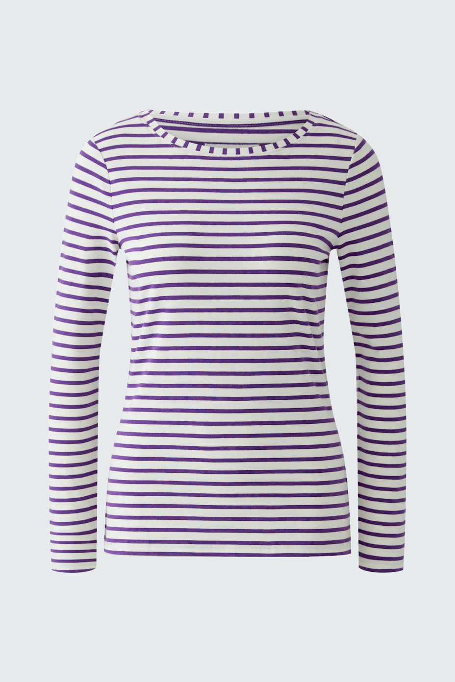 Gestreiftes Langarmshirt in Weiß und Lila, schlichtes Design ohne Model, ideal für lässige Outfits.