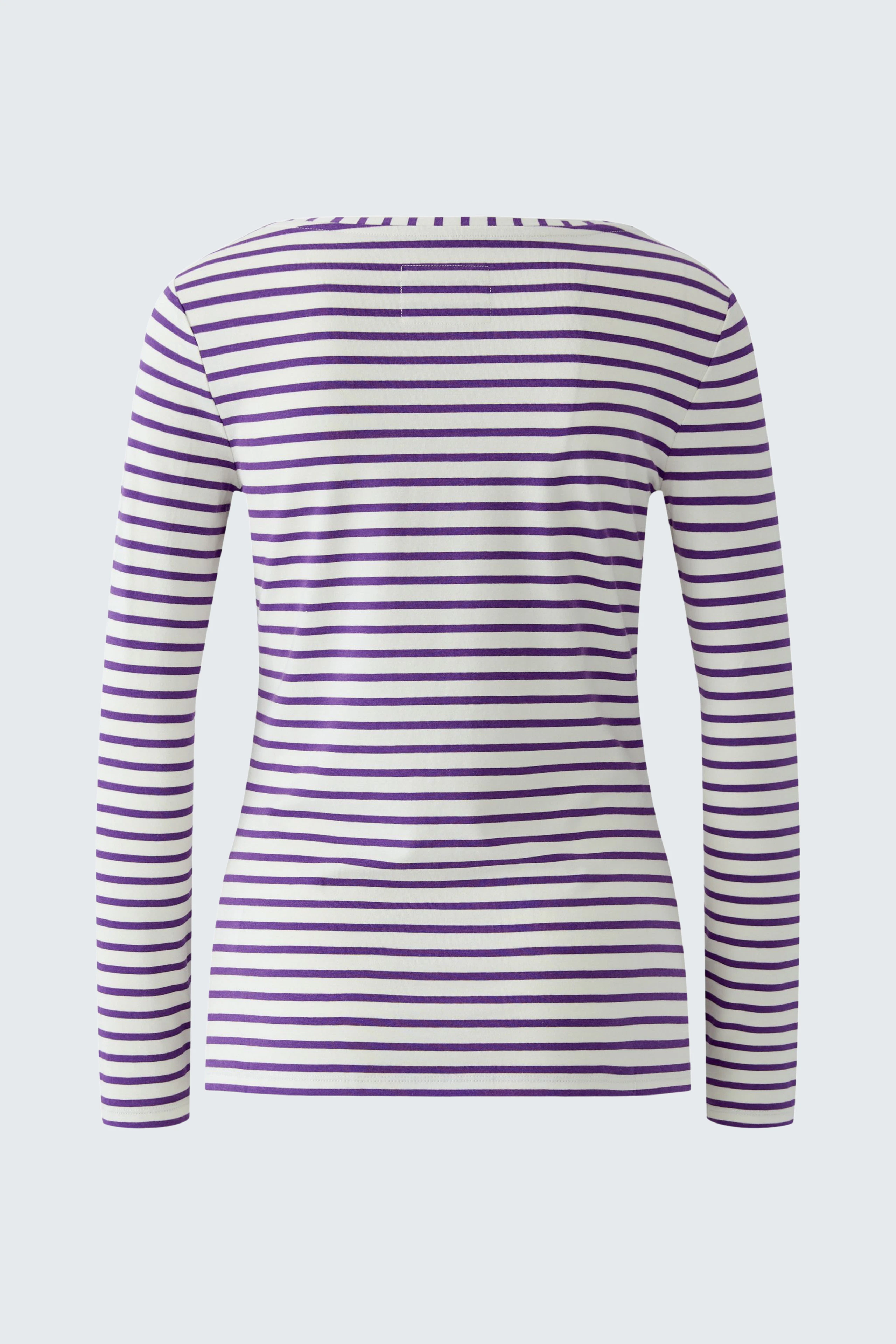 Gestreiftes Langarmshirt in Weiß und Lila, ohne Model, schlicht und vielseitig kombinierbar.