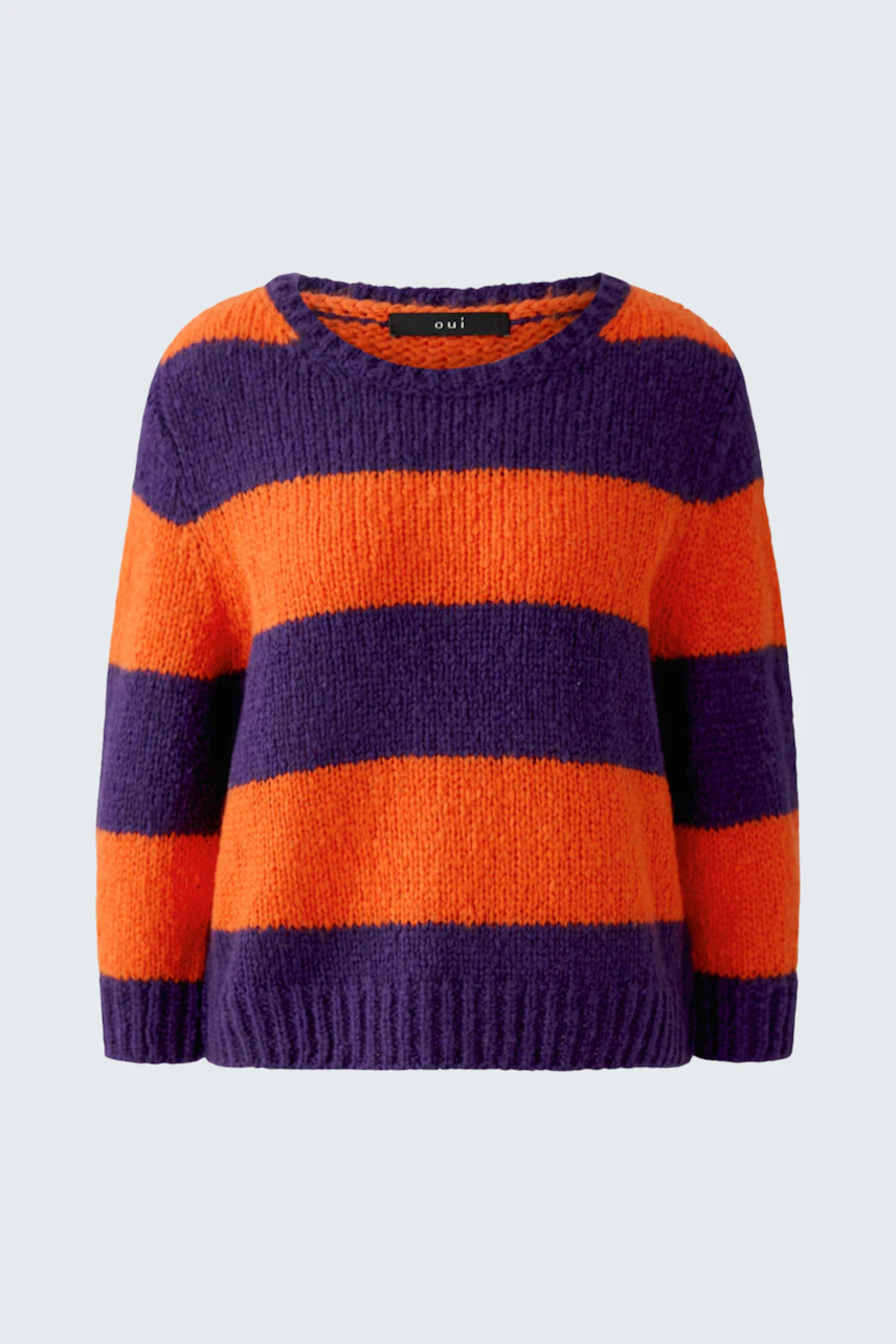 Bold striped pullover in orange and purple, perfect for a vibrant, casual look.