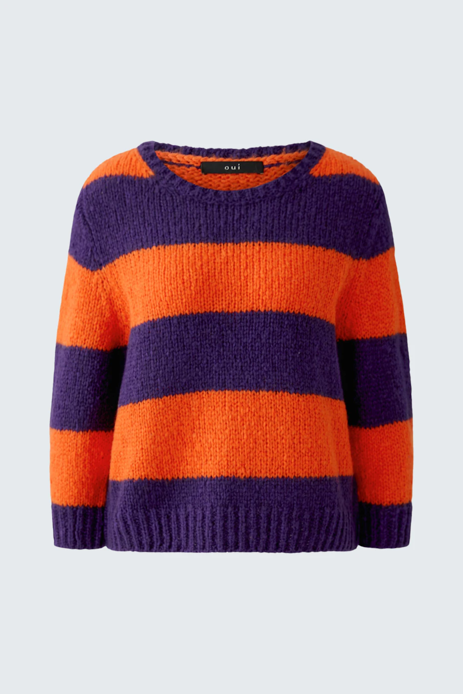 Bold striped pullover in orange and purple, perfect for a vibrant, casual look.