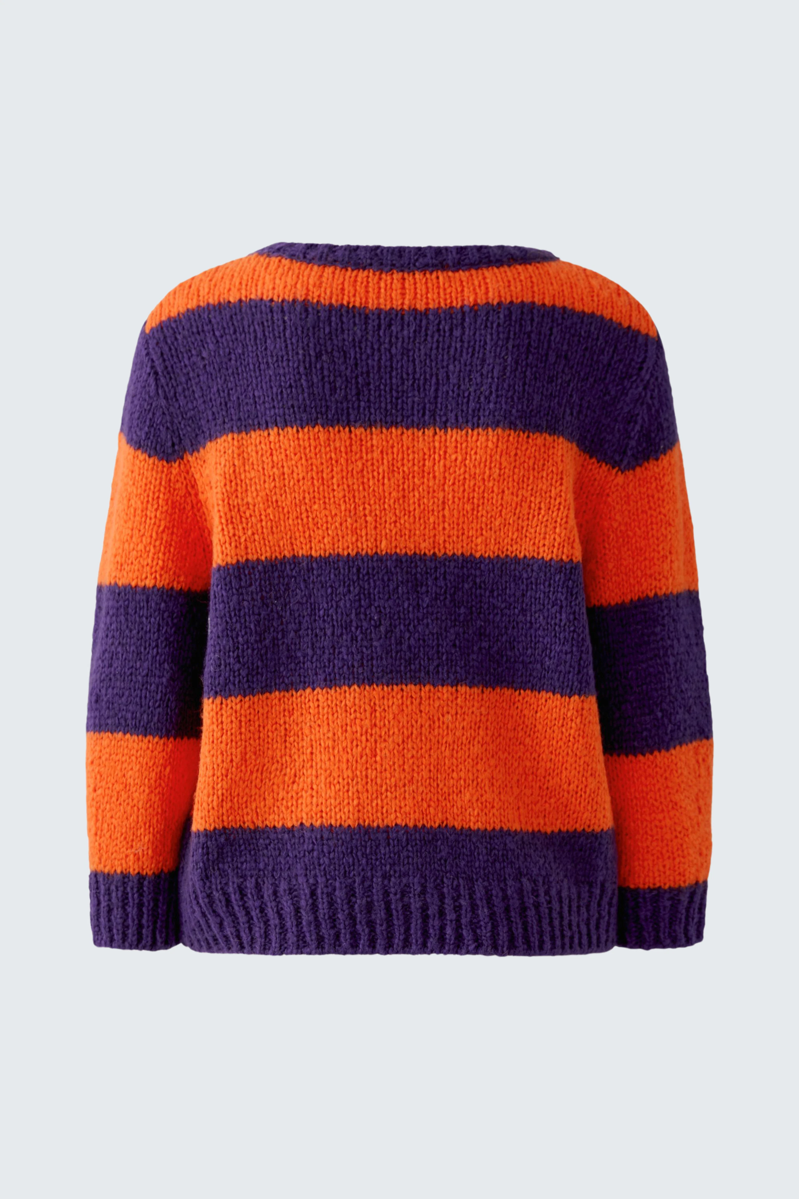 Bold striped pullover in orange and purple, perfect for a vibrant, casual look.