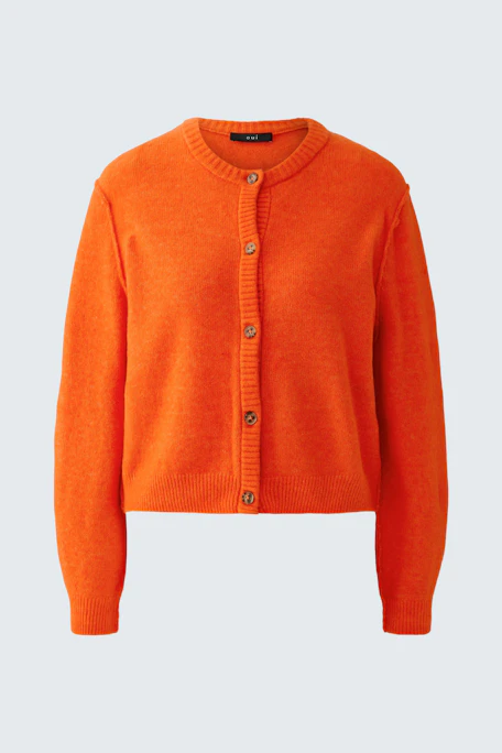 Bright orange cardigan with buttons, perfect for layering. No model, just the garment displayed.