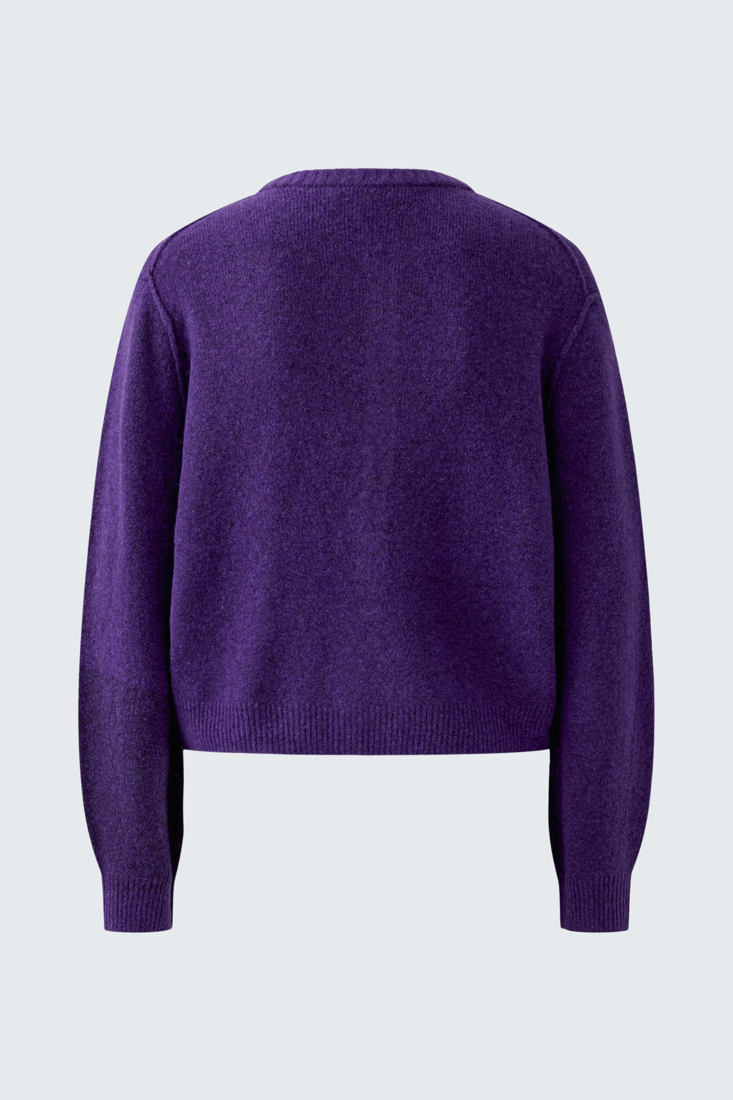Purple knit cardigan: Back view of a cozy, long-sleeved design, perfect for layering.