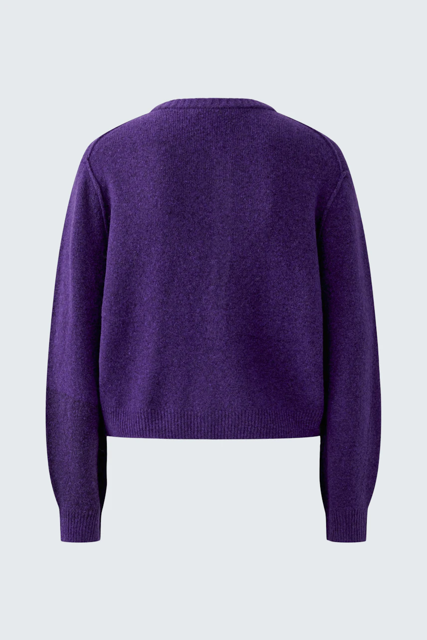 Purple knit cardigan: Back view of a cozy, long-sleeved design, perfect for layering.