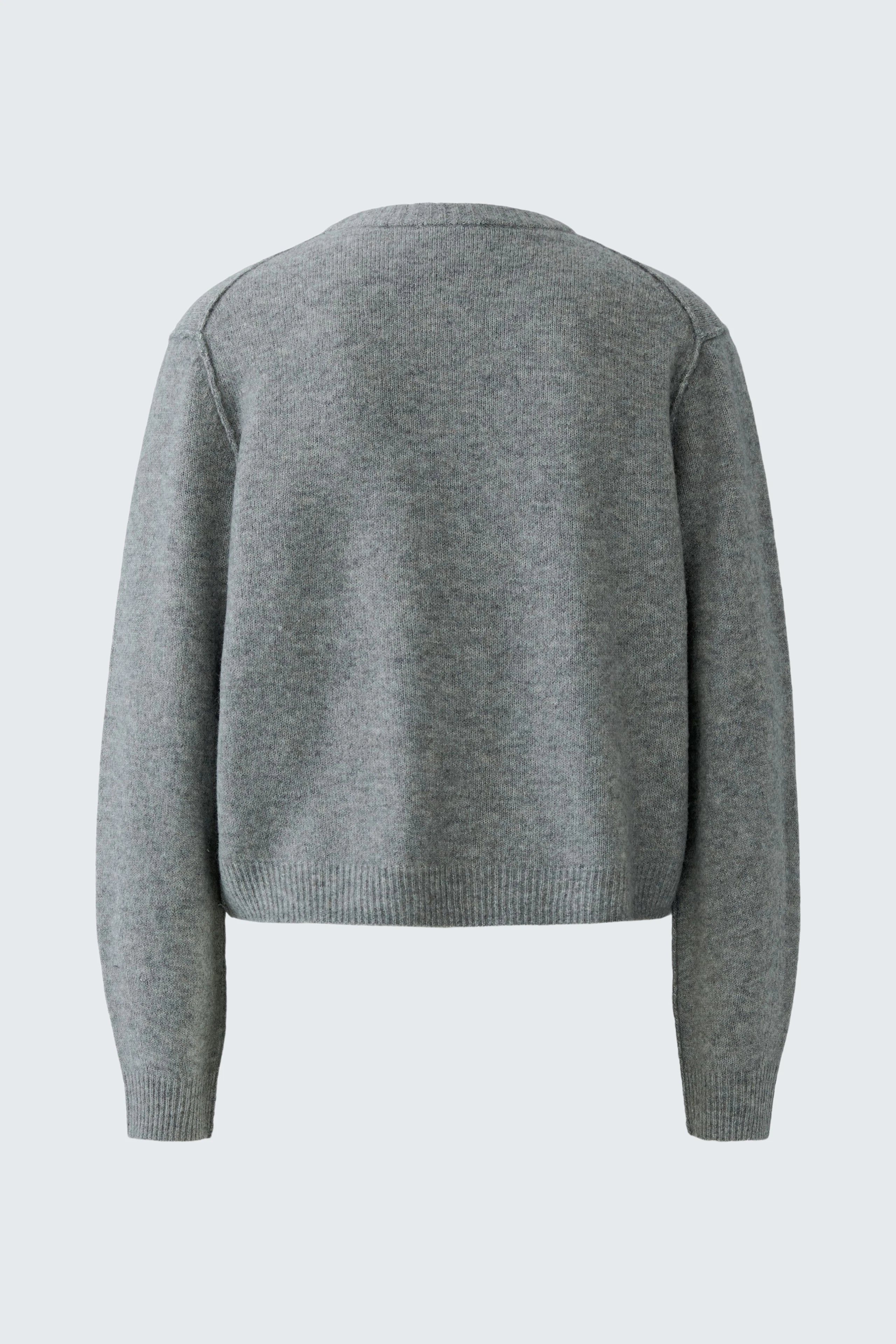 Casual women's cardigan: Simple grey knit cardigan shown from the back, highlighting its relaxed fit.