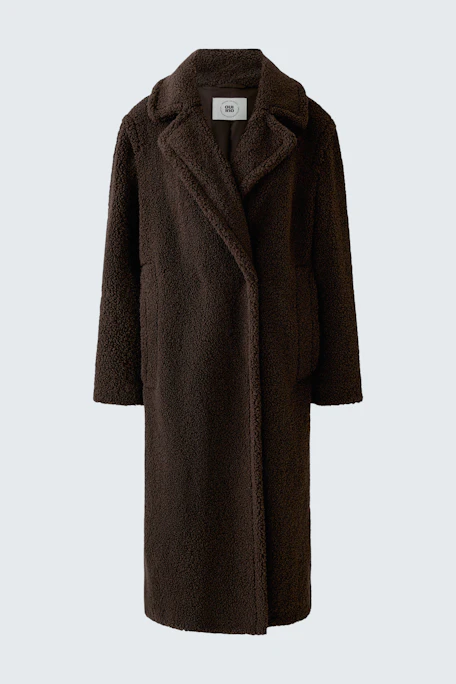 Cozy winter coat: Long brown coat with soft texture, perfect for cold weather. No model shown.