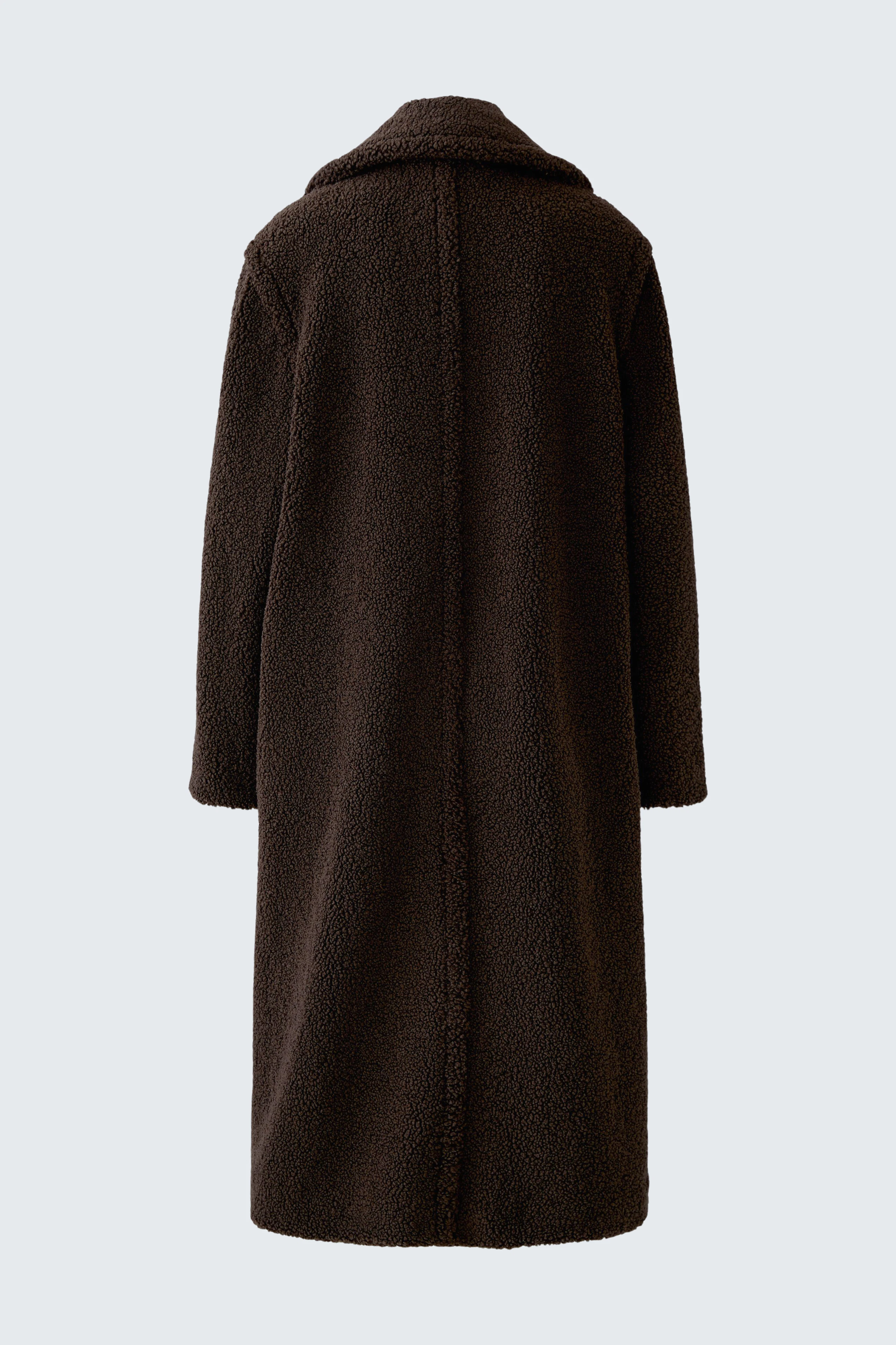 Langer Wintermantel in Dunkelbraun: Flauschiger Stoff, ideal für kalte Tage. Rückansicht ohne Model.