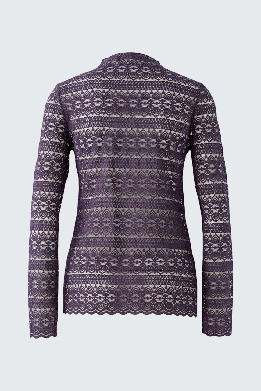 Purple long-sleeve shirt with intricate patterns, perfect for layering in cooler weather.