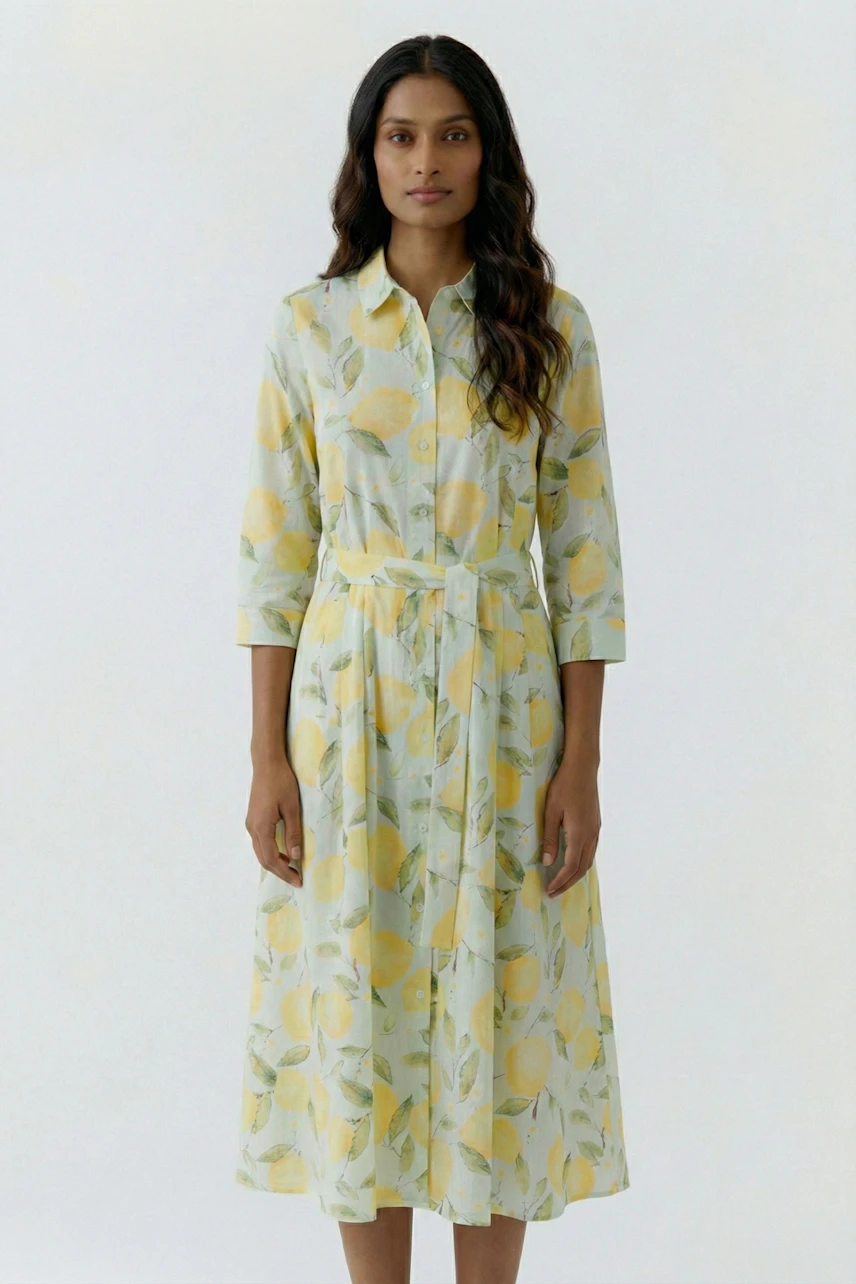 Floral midi dress: Woman in a light, patterned dress with lemon motifs, standing confidently.