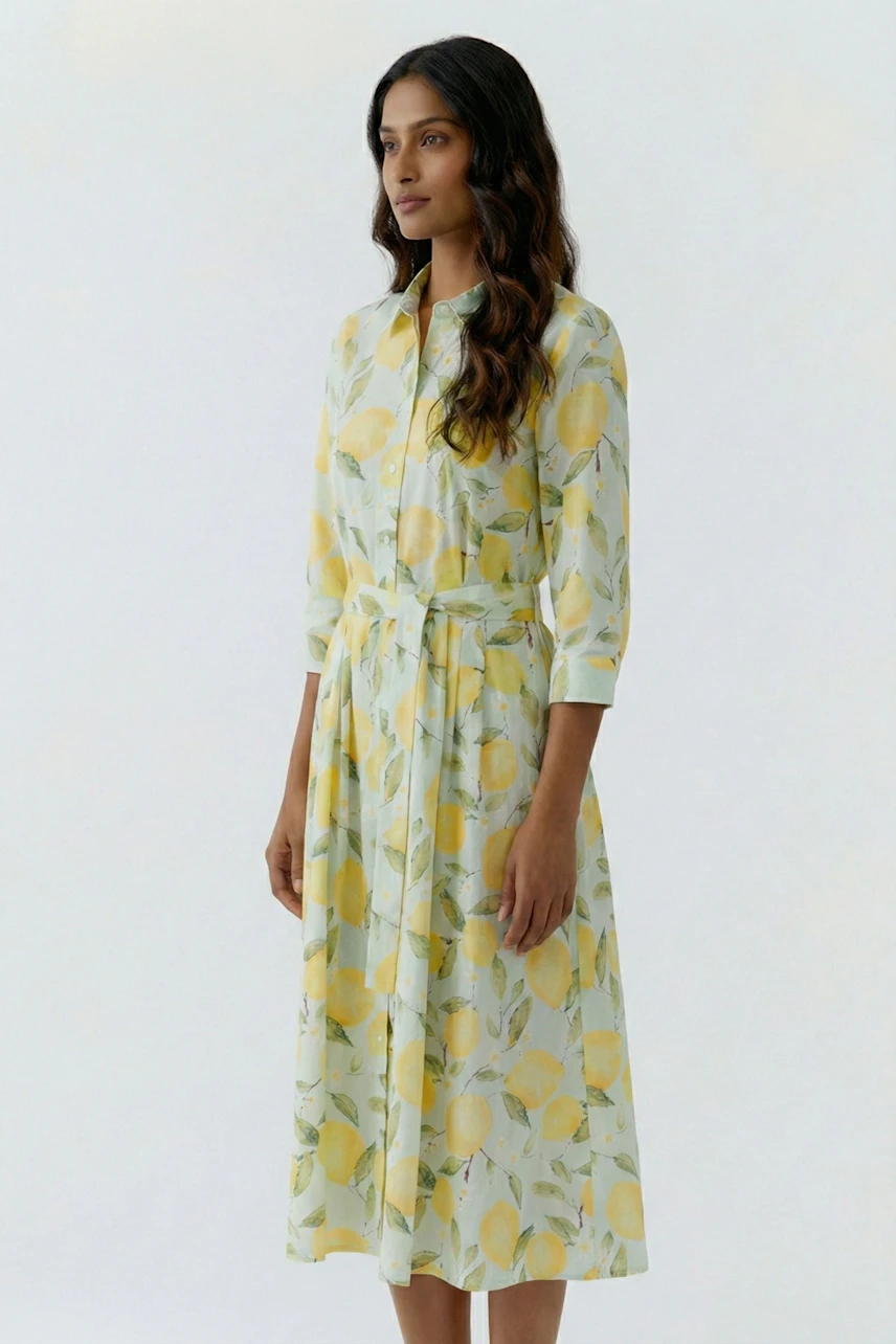 Woman in floral midikleid: Yellow and green pattern, long sleeves, relaxed fit.
