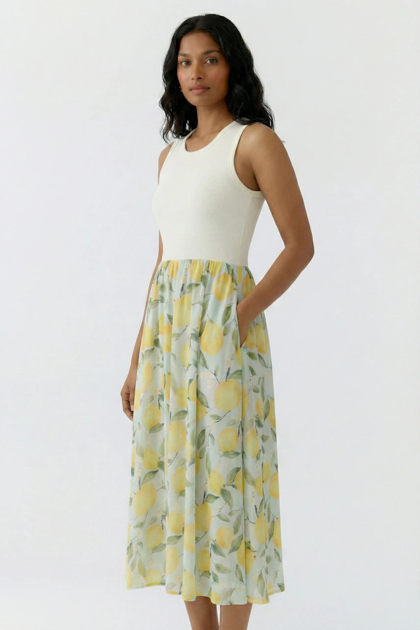 Frau im ärmellosen Midikleid mit Zitronenmuster, weißes Oberteil, gelber Rock, lässiger Sommerlook.