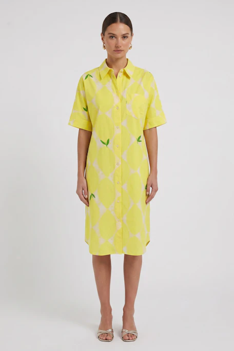 Gelbes Hemdblusenkleid mit Zitronenmuster, kurzärmelig und knielang, ohne Model abgebildet.