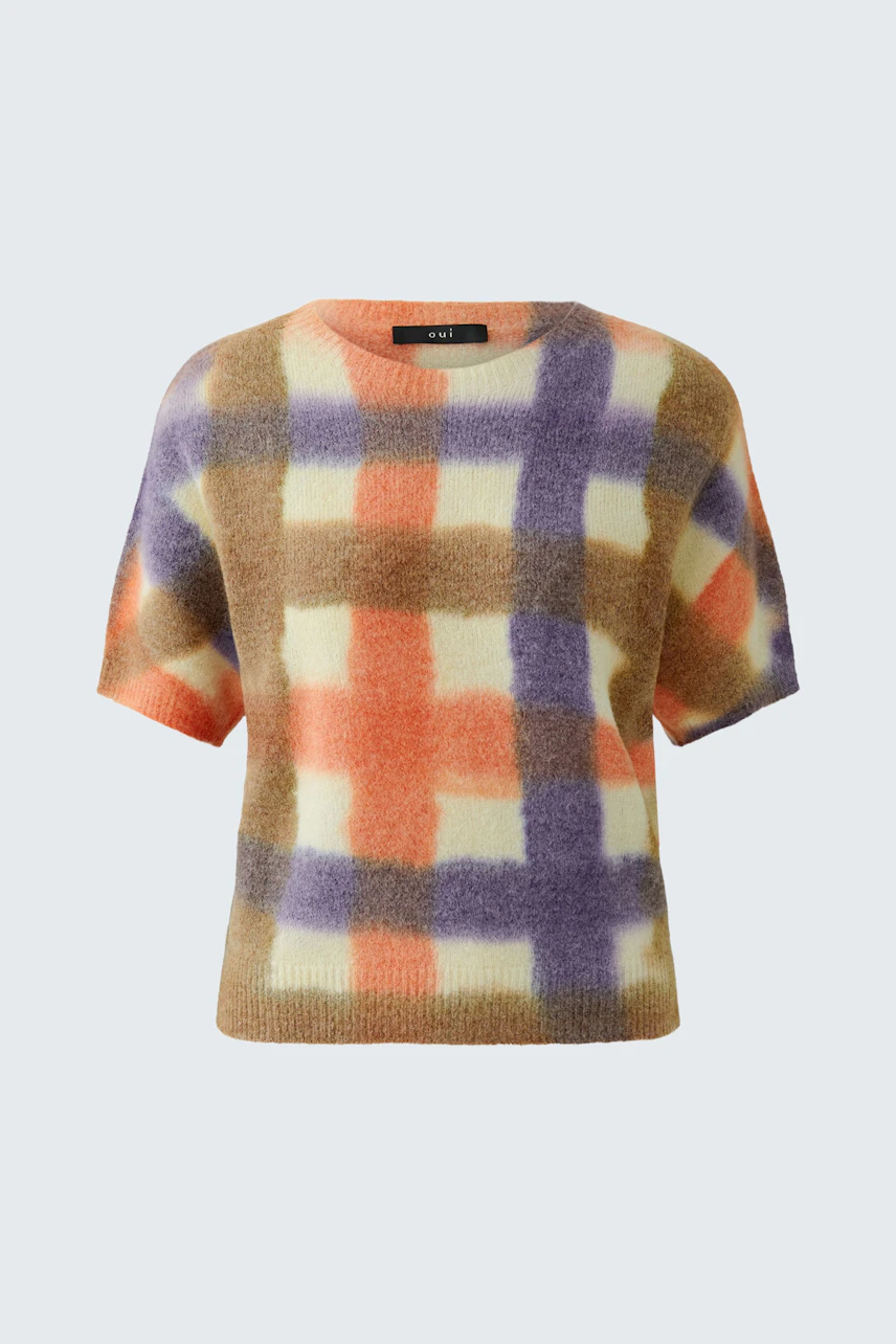 Bunter Damen-Pullover: Weicher, kurzärmeliger Pullover mit Karomuster in Orange, Lila und Beige.