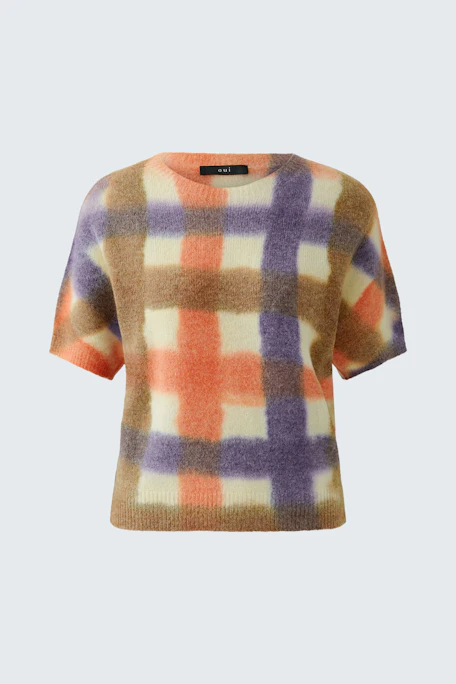 Bunter Damen-Pullover: Weicher, kurzärmeliger Pullover mit Karomuster in Orange, Lila und Beige.