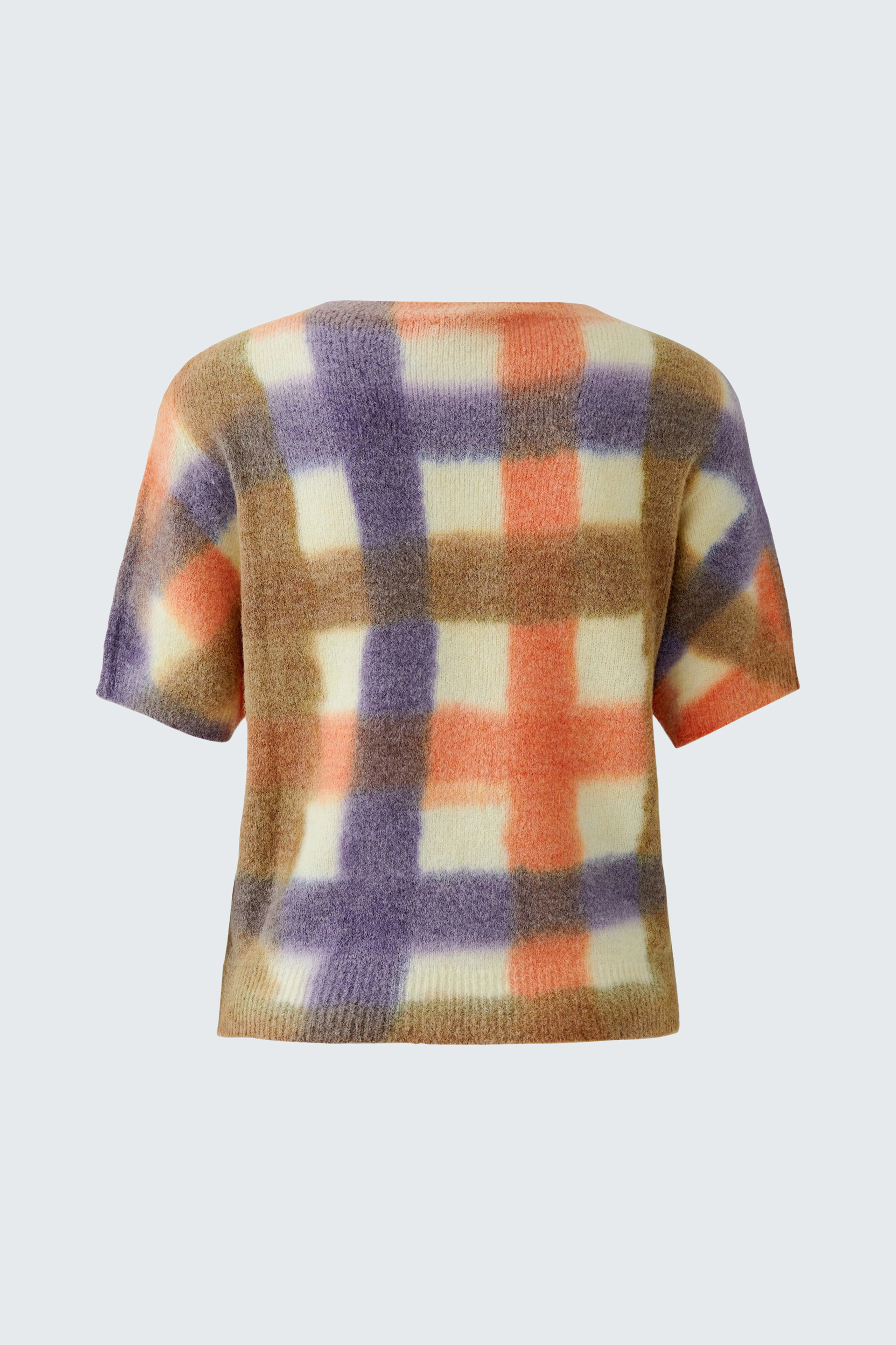 Bunter Damen-Pullover: Kurzärmeliger Pullover mit Karomuster in Lila, Orange und Beige, ohne Model.