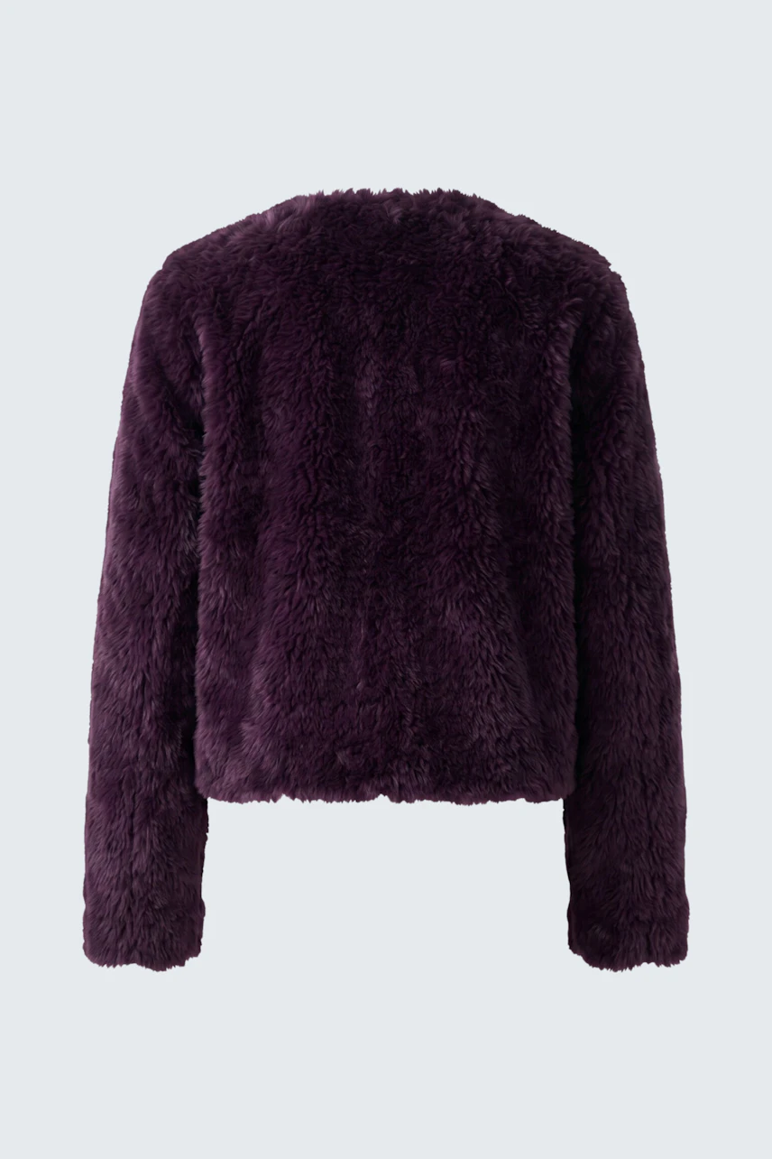Plush knit cardigan in deep purple, shown from the back. Cozy texture, perfect for layering.