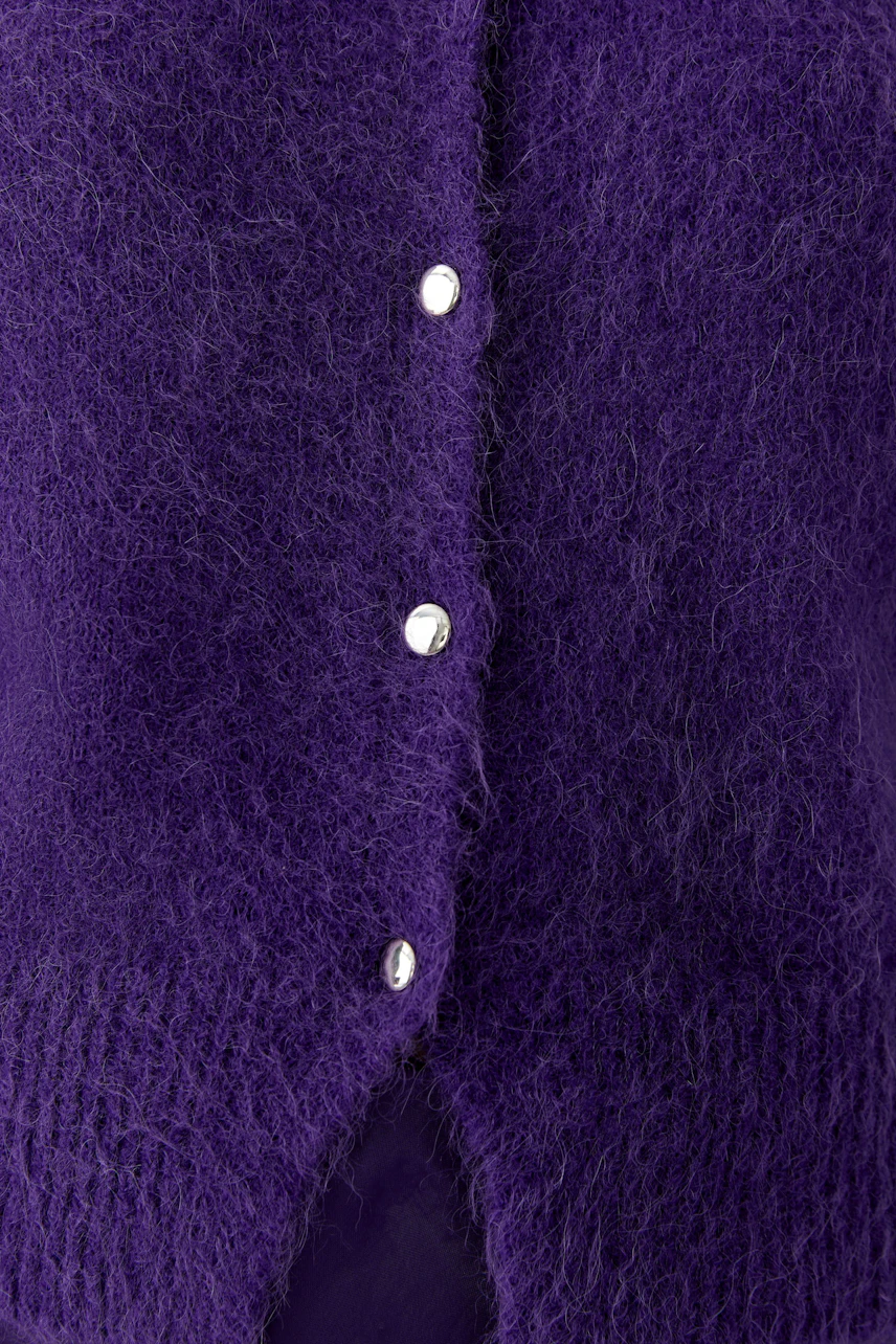 Purple knit cardigan with silver buttons, showcasing soft texture. No model, focus on garment details.