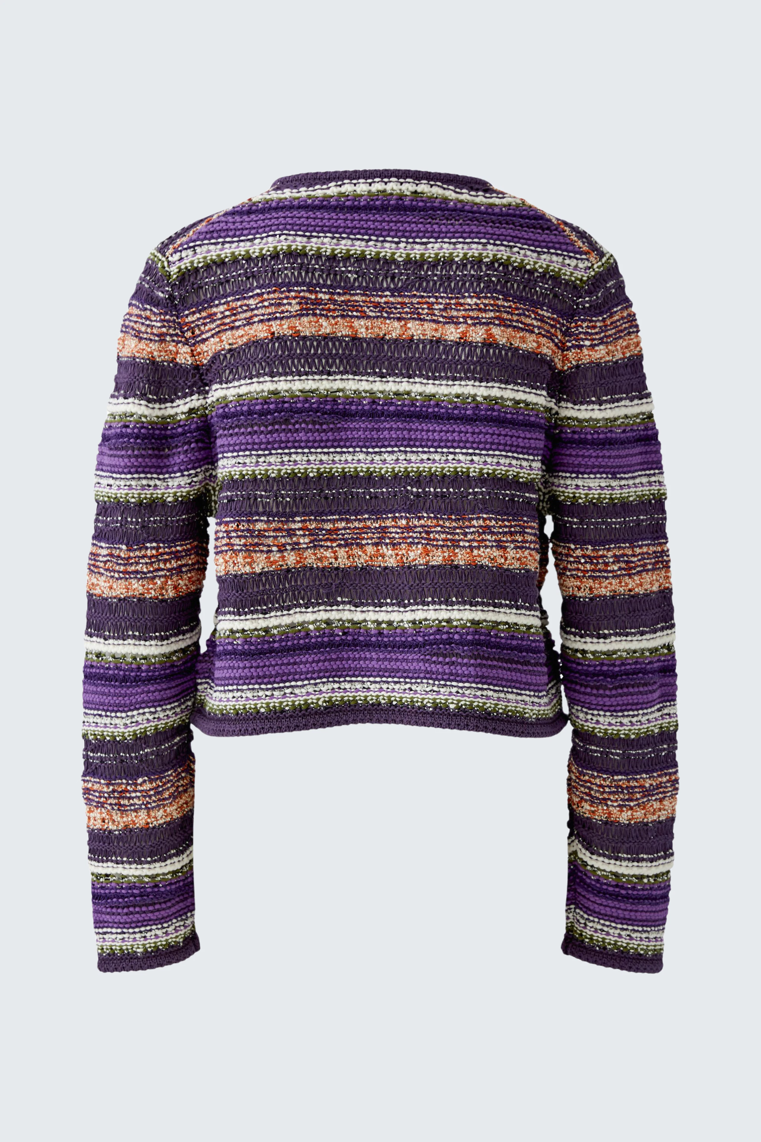 Bunte Strickjacke: Gestreifte Damen-Strickjacke in Lila, Orange und Grün, ohne Model abgebildet.