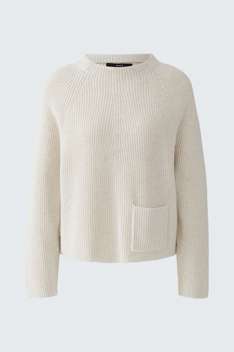Beiger Damen-Pullover mit lässigem Schnitt und praktischer Tasche auf der Vorderseite.