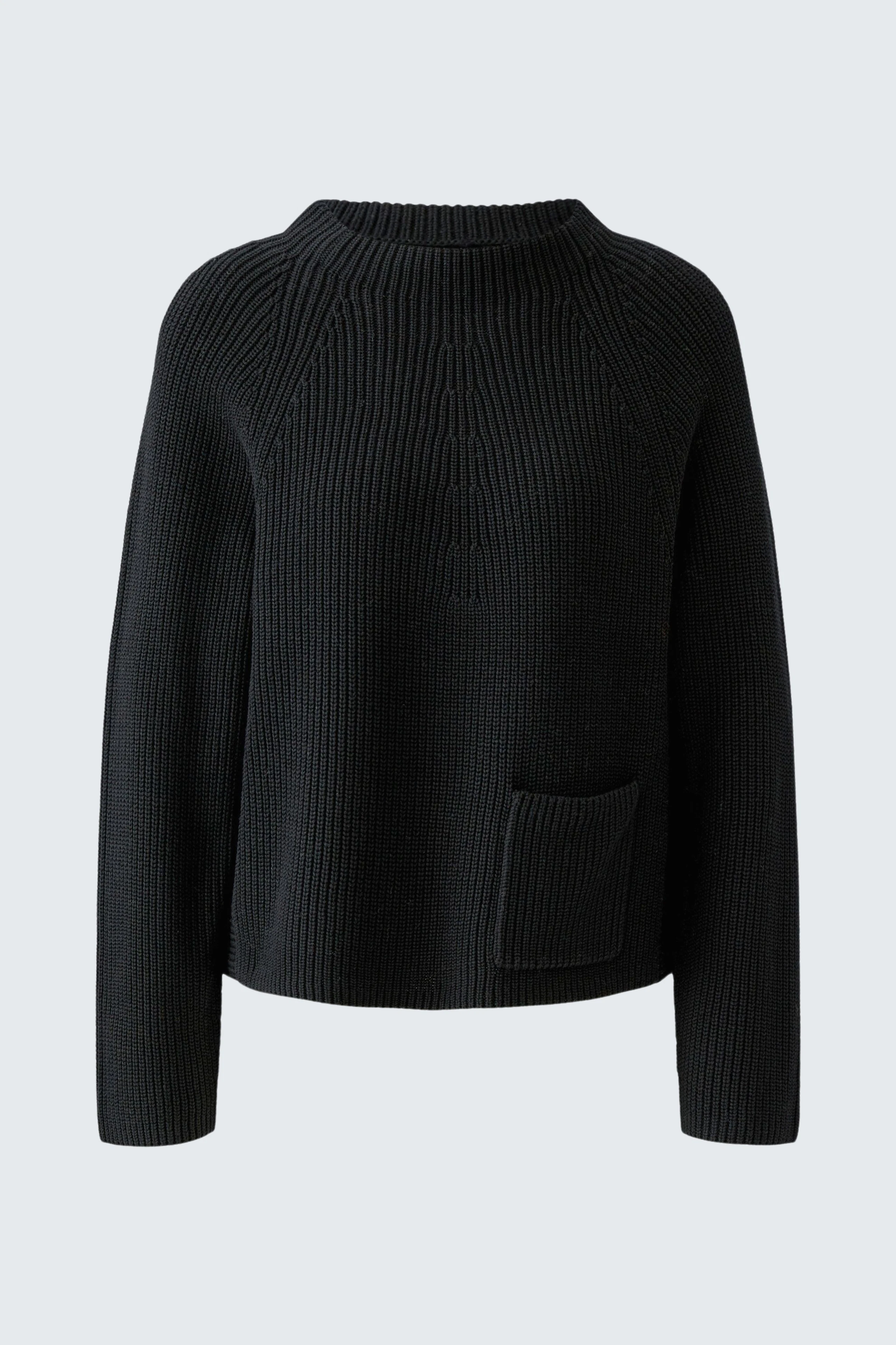 Schwarzer Damen-Pullover mit lässigem Schnitt und praktischer Tasche auf der Vorderseite.