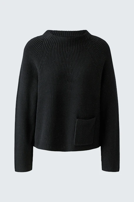 Schwarzer Damen-Pullover mit lässigem Schnitt und praktischer Tasche auf der Vorderseite.