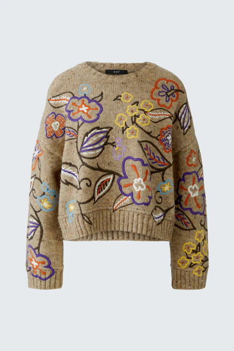 Damen-Pullover: Beiger Strickpullover mit buntem Blumenmuster, ideal für einen frischen Look.