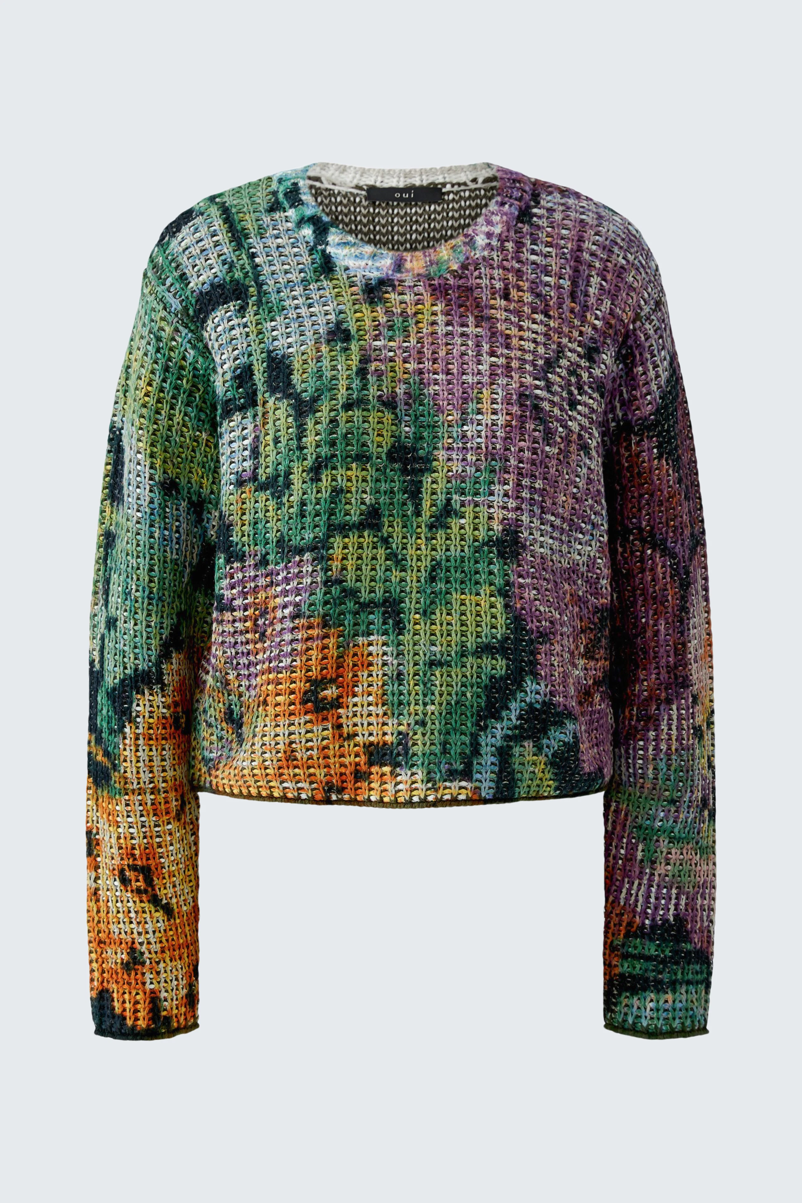 Bunter Damen-Pullover: Strickpullover mit lebendigem Blumenmuster in kräftigen Farben, ohne Model abgebildet.