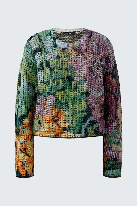 Bunter Damen-Pullover: Strickpullover mit lebendigem Blumenmuster in kräftigen Farben, ohne Model abgebildet.