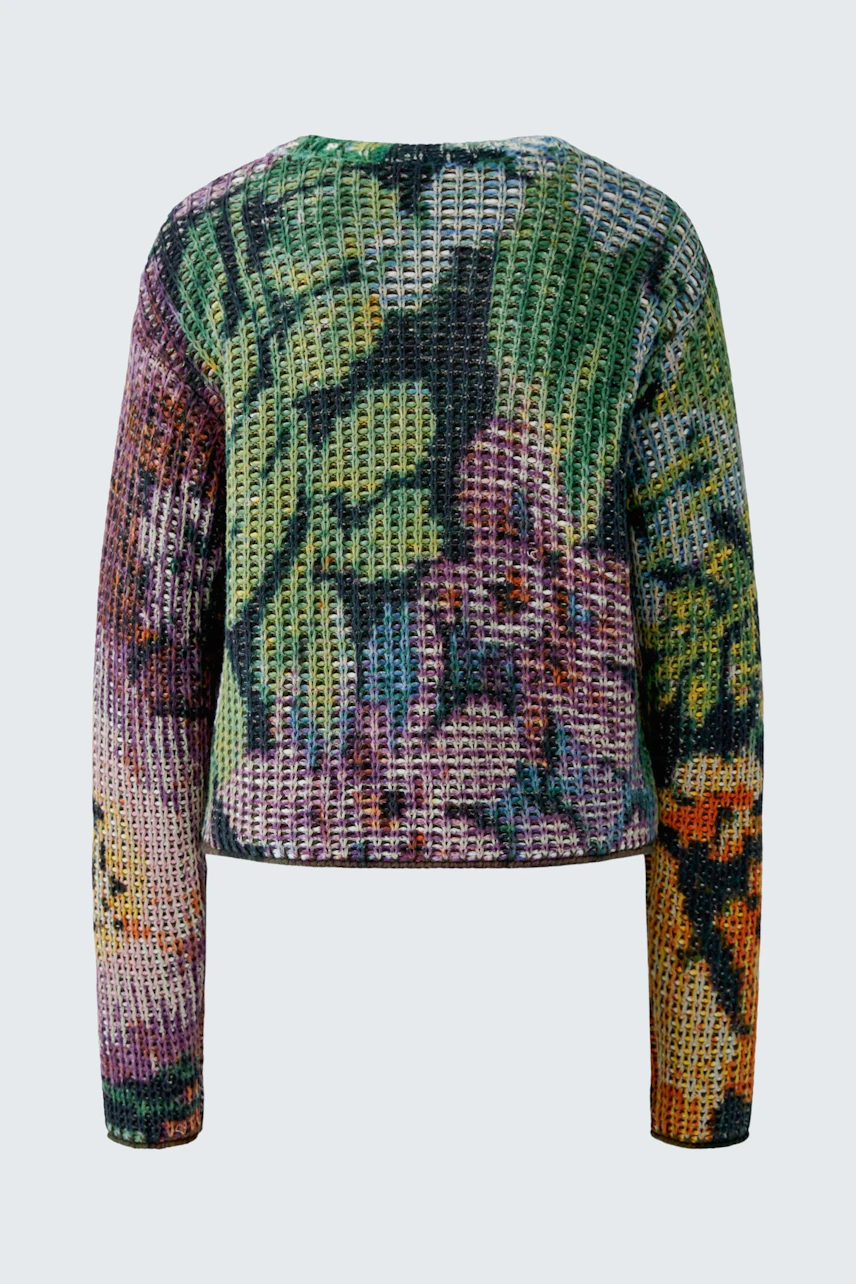 Colorful floral pullover: vibrant knit with a mix of green, purple, and orange hues, no model shown.