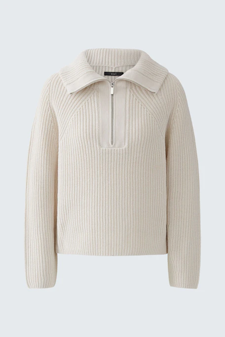 Beiger Damen-Pullover: Strickpullover mit Reißverschluss und breitem Kragen, ohne Model abgebildet.