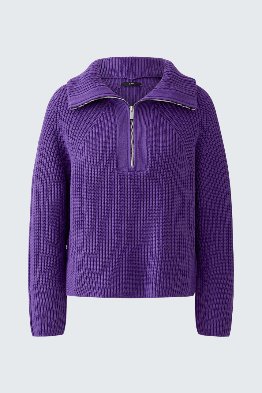 Purple ribbed pullover with a zip collar, displayed on a plain background.
