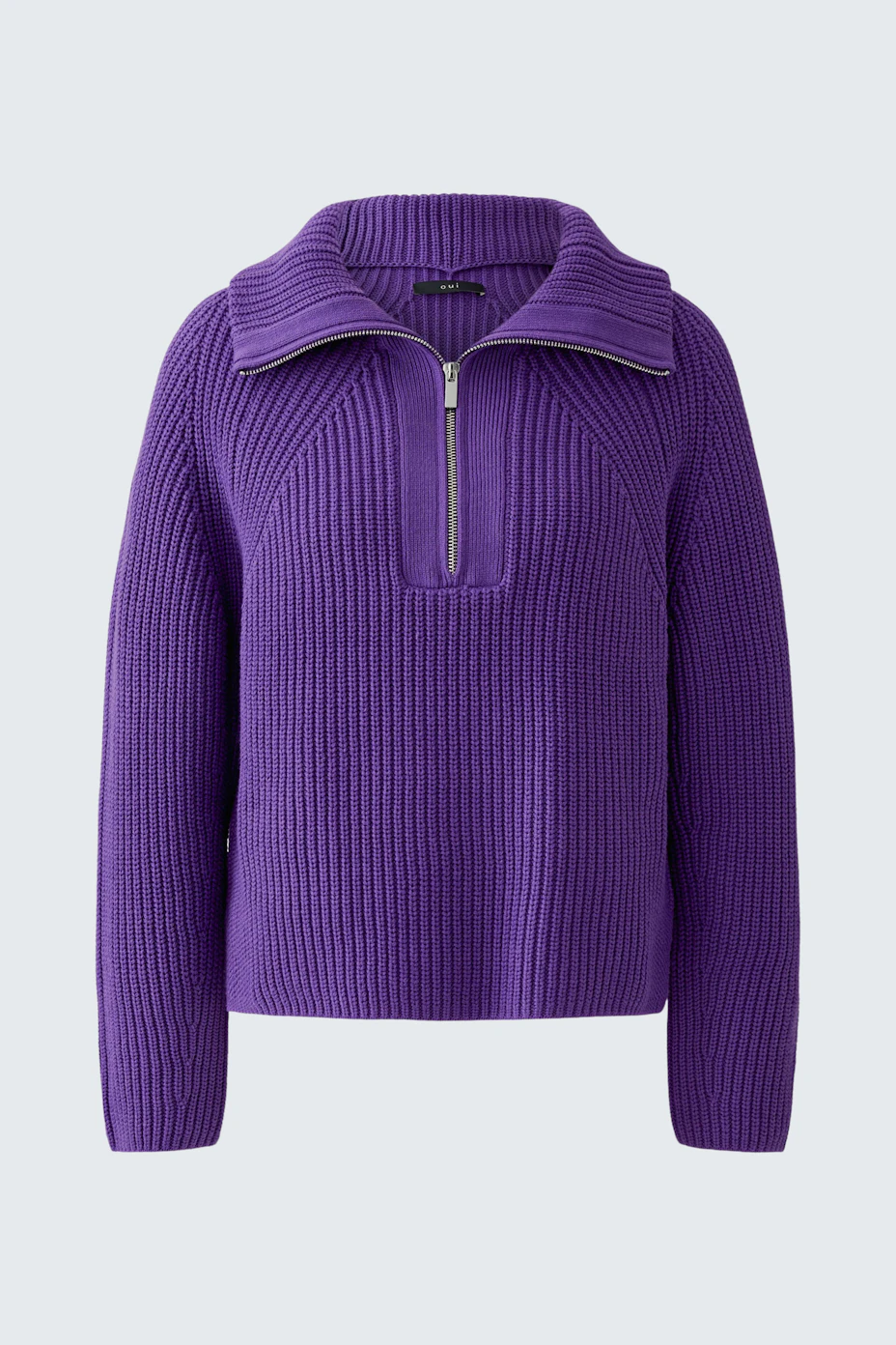 Purple ribbed pullover with a zip collar, displayed on a plain background.