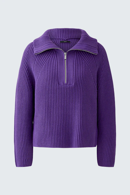 Lila Damen-Pullover: Strickpullover mit Reißverschluss und breitem Kragen, ohne Model abgebildet.